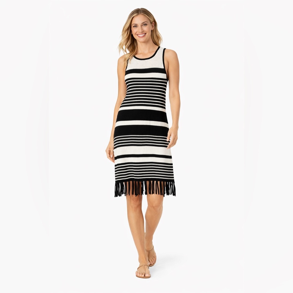 New - Tommy Bahama Hi Neck Sweater Dress in Black & White Stripes